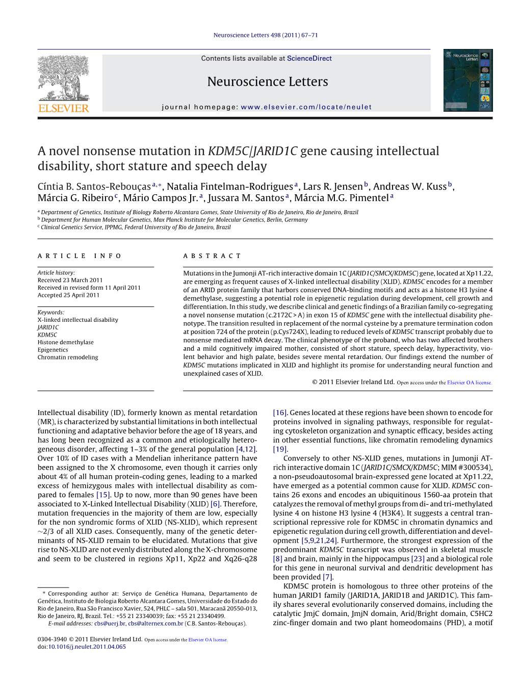 A Novel Nonsense Mutation in KDM5C/JARID1C Gene Causing Intellectual