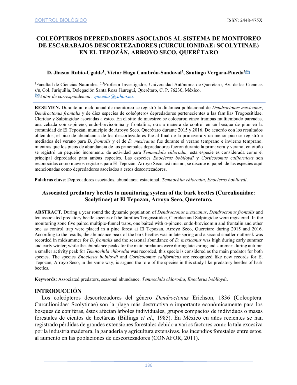 Coleópteros Depredadores Asociados Al Sistema De Monitoreo De Escarabajos Descortezadores (Curculionidae: Scolytinae) En El Tepozán, Arroyo Seco, Querétaro