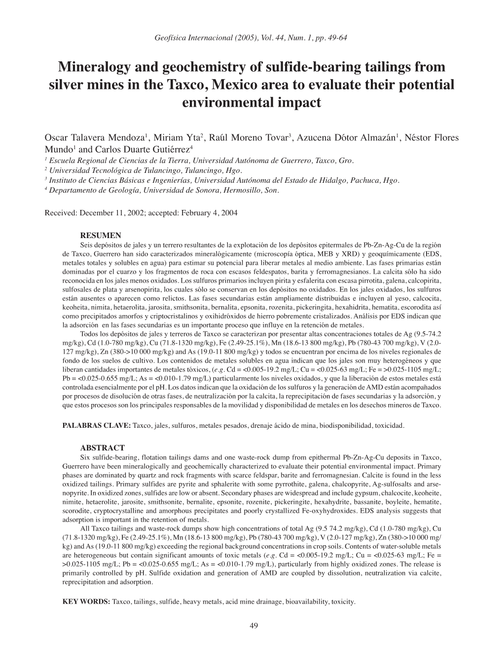 Mineralogy and Geochemistry of Sulfide-Bearing Tailings from Silver Mines in the Taxco, Mexico Area to Evaluate Their Potential Environmental Impact