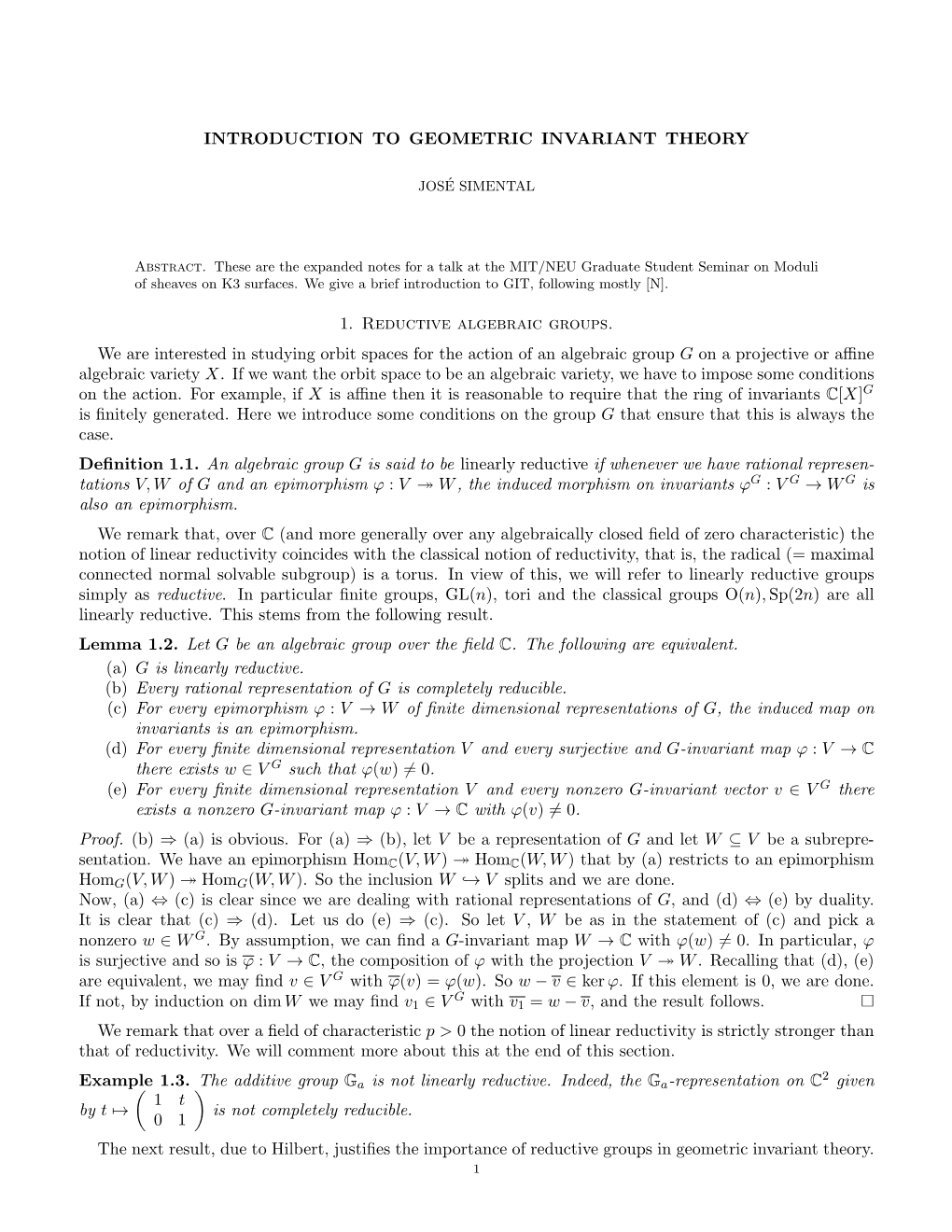 INTRODUCTION to GEOMETRIC INVARIANT THEORY 1. Reductive