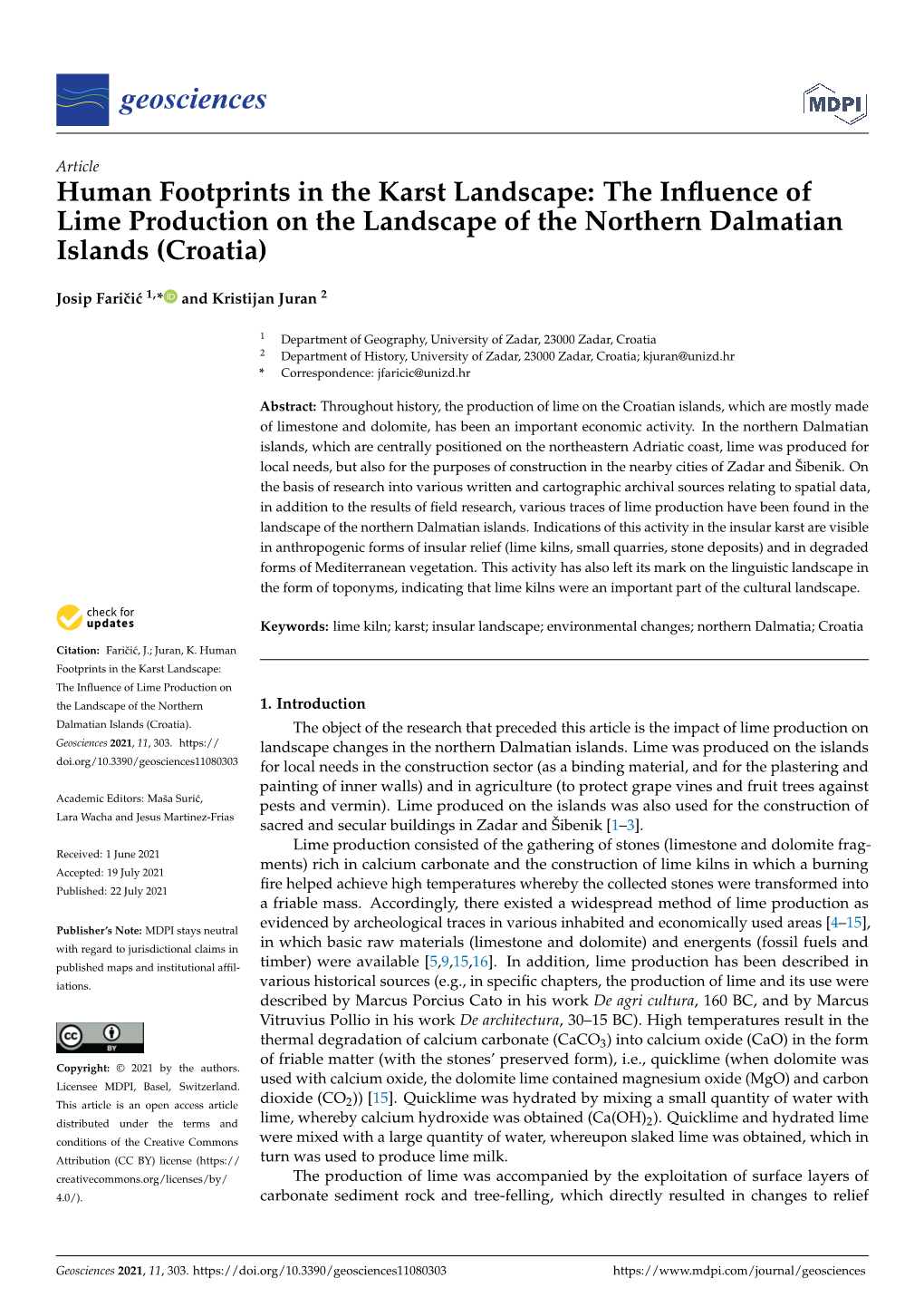 The Influence of Lime Production on the Landscape of the Northern Dalmatian Islands