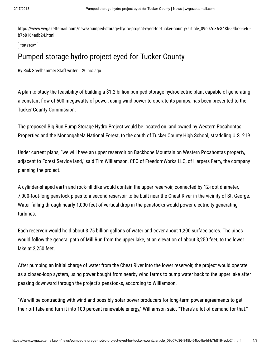 Pumped Storage Hydro Project Eyed for Tucker County | News | Wvgazettemail.Com