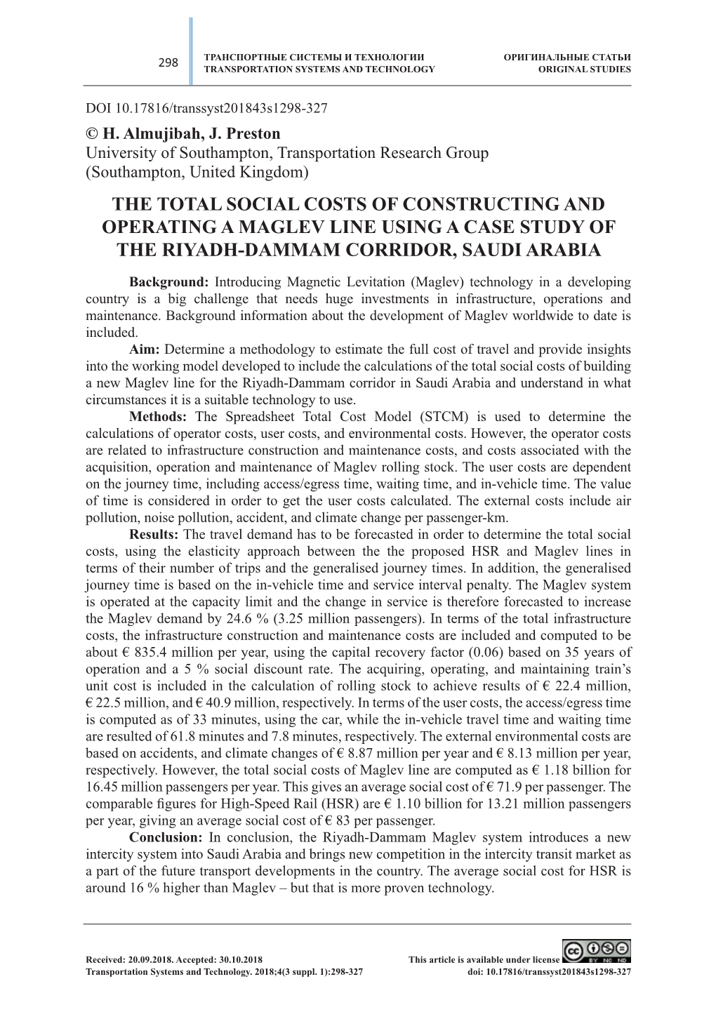 The Total Social Costs of Constructing and Operating a Maglev Line Using a Case Study of the Riyadh-Dammam Corridor, Saudi Arabia