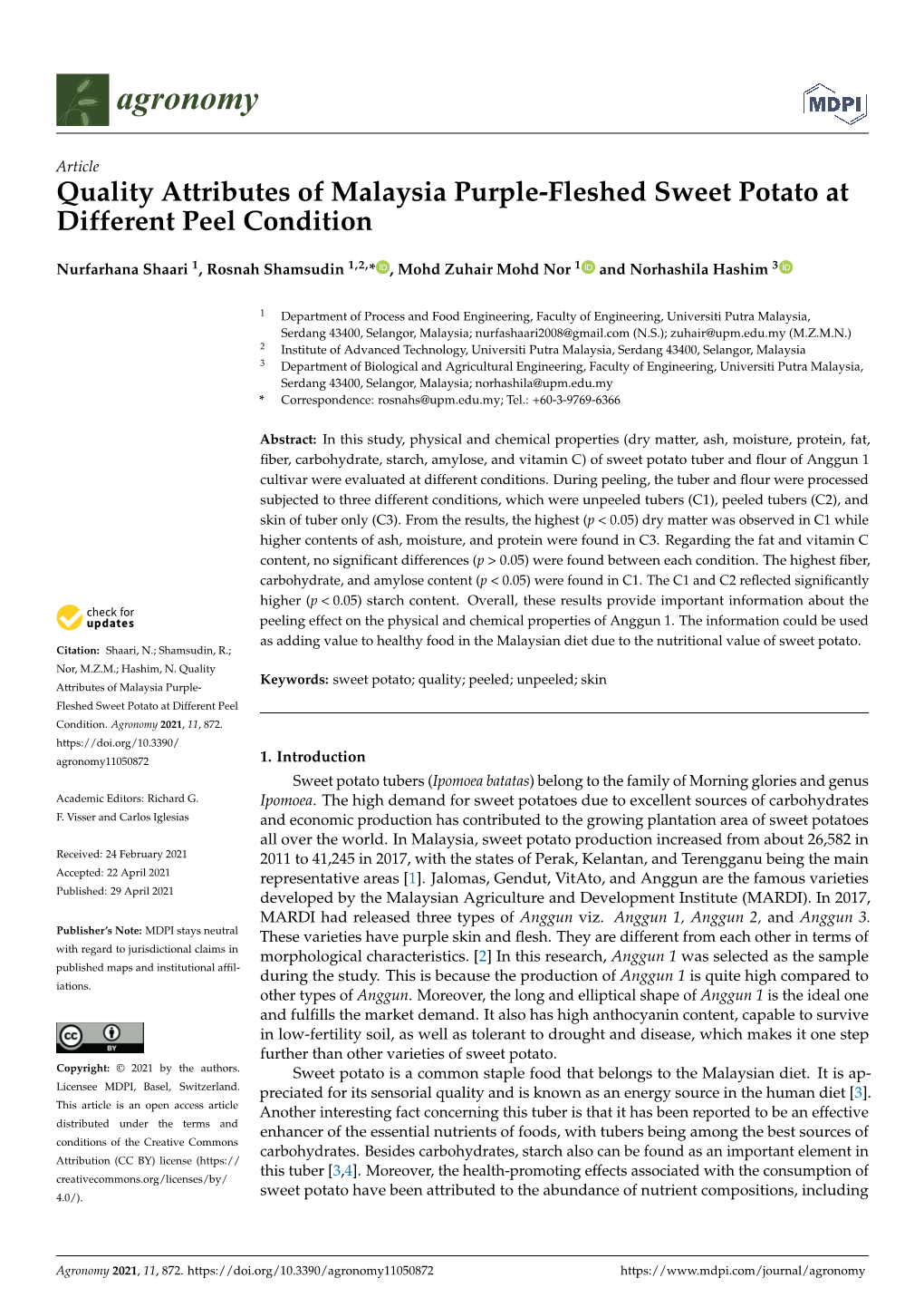 Quality Attributes of Malaysia Purple-Fleshed Sweet Potato at Different Peel Condition