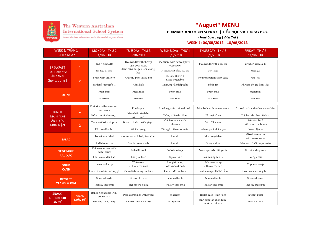 MENU PRIMARY and HIGH SCHOOL | TIỂU HỌC VÀ TRUNG HỌC (Semi Boarding | Bán Trú ) WEEK 1: 06/08/2018 - 10/08/2018