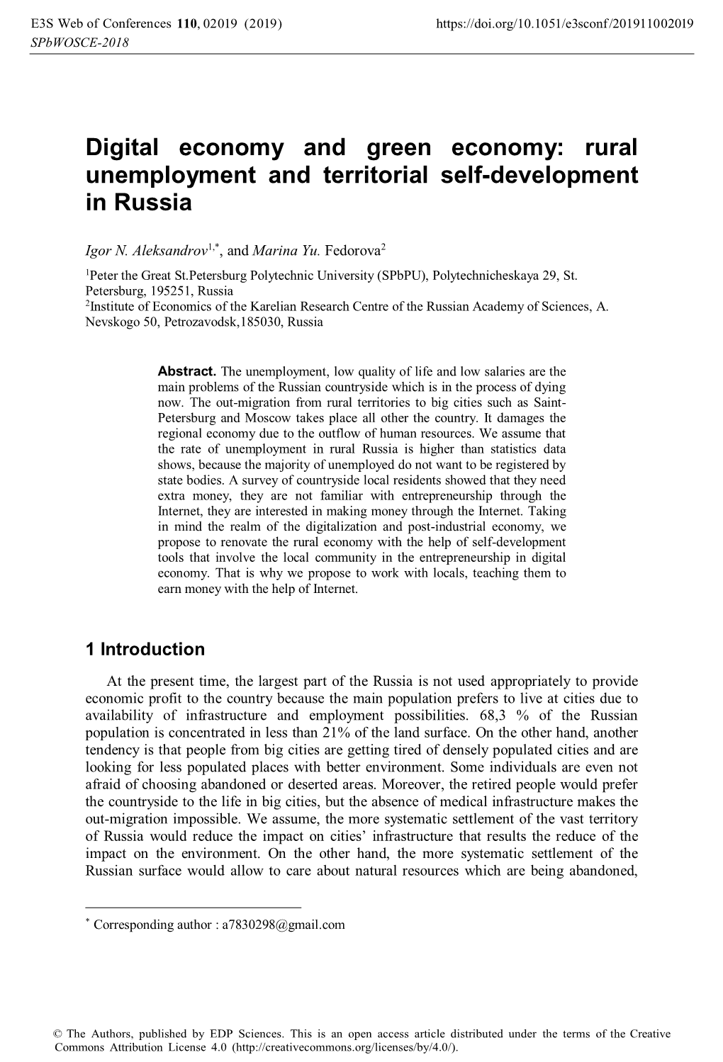 Rural Unemployment and Territorial Self-Development in Russia