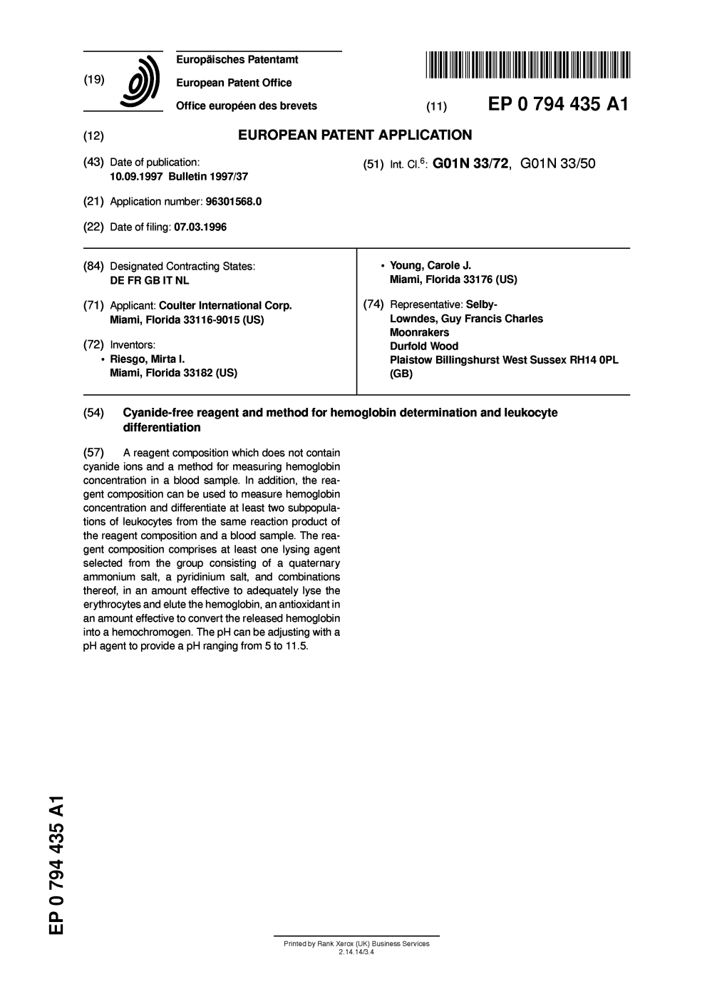 Cyanide-Free Reagent and Method for Hemoglobin Determination and Leukocyte Differentiation