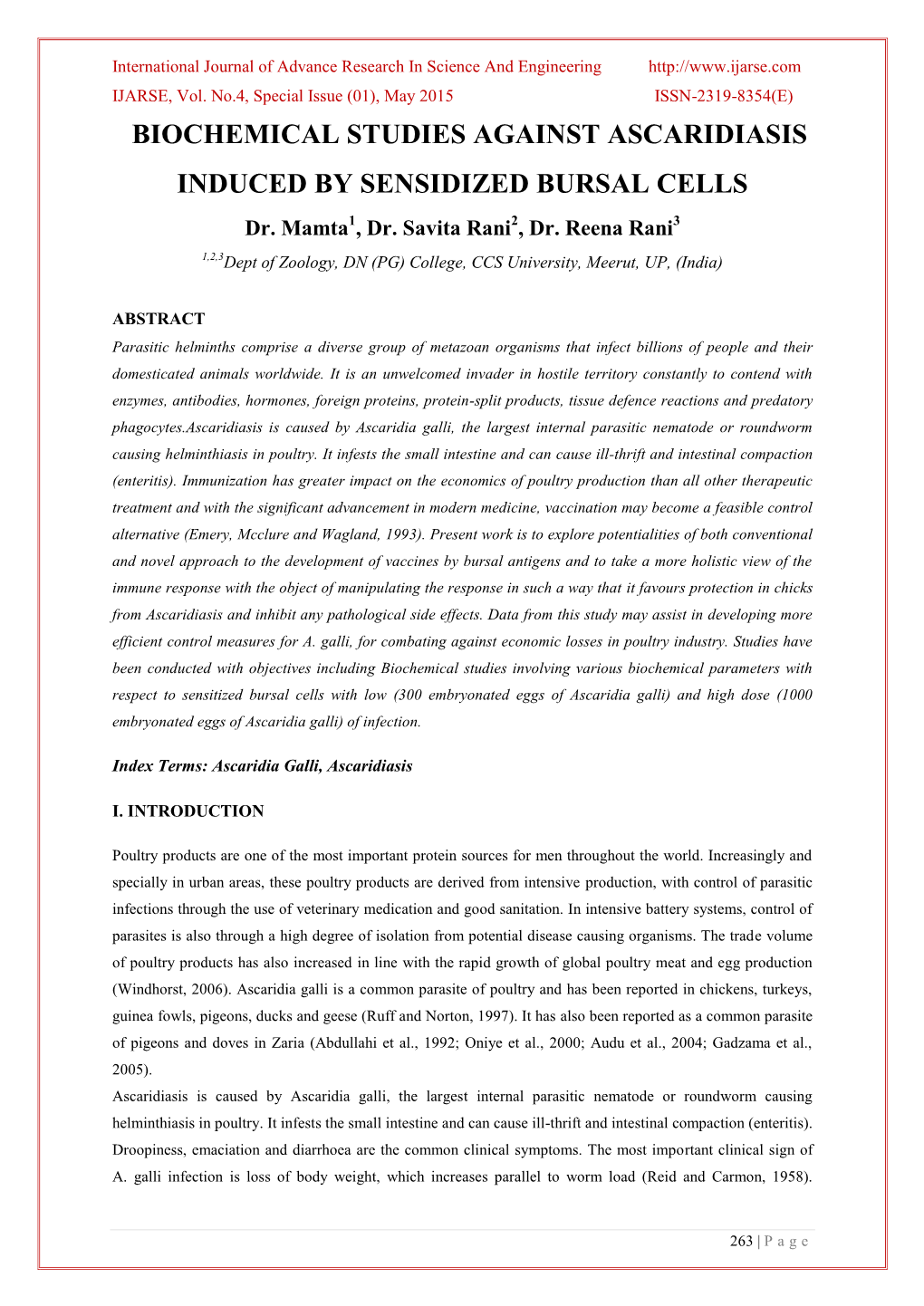 BIOCHEMICAL STUDIES AGAINST ASCARIDIASIS INDUCED by SENSIDIZED BURSAL CELLS Dr