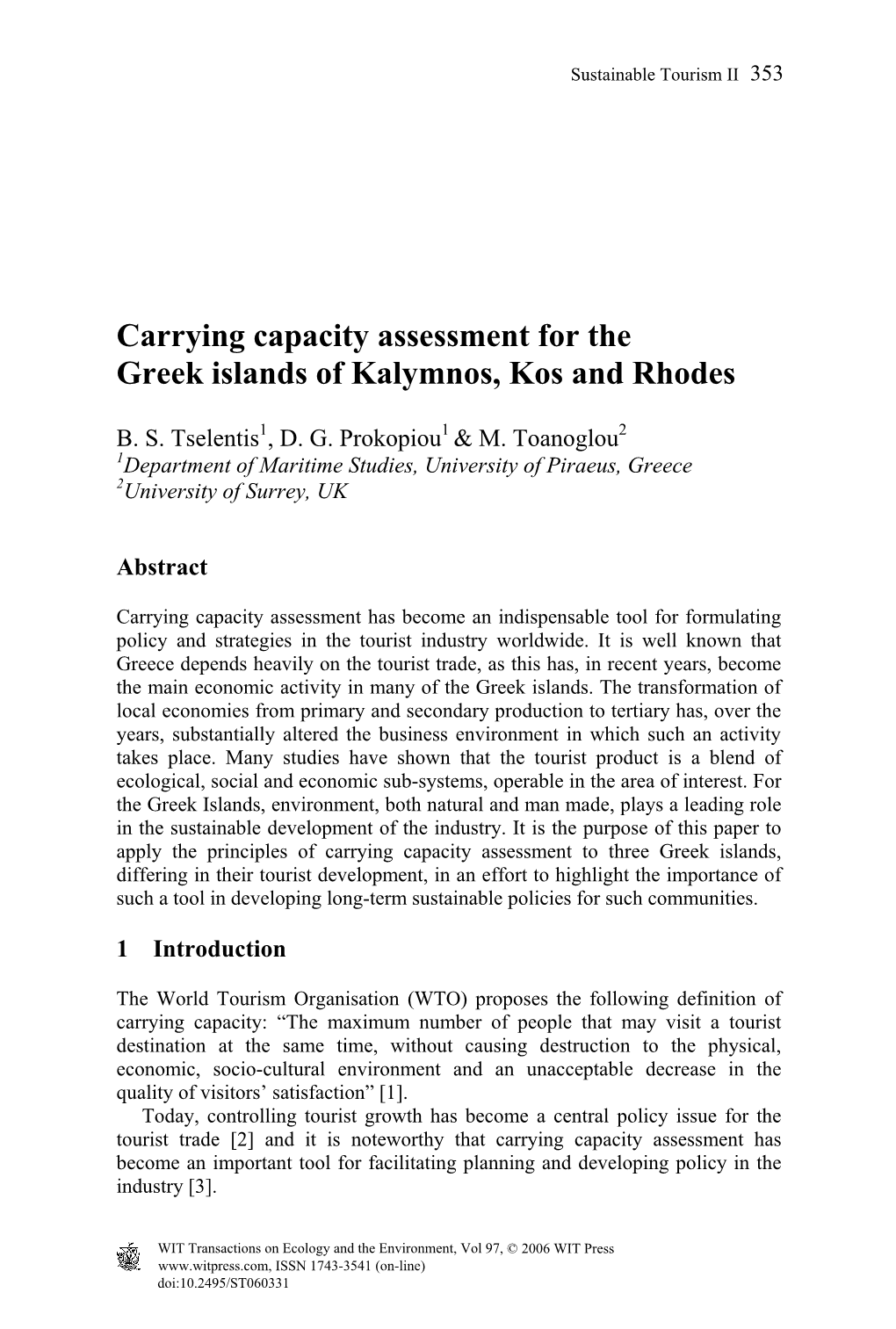 Carrying Capacity Assessment for the Greek Islands of Kalymnos, Kos and Rhodes