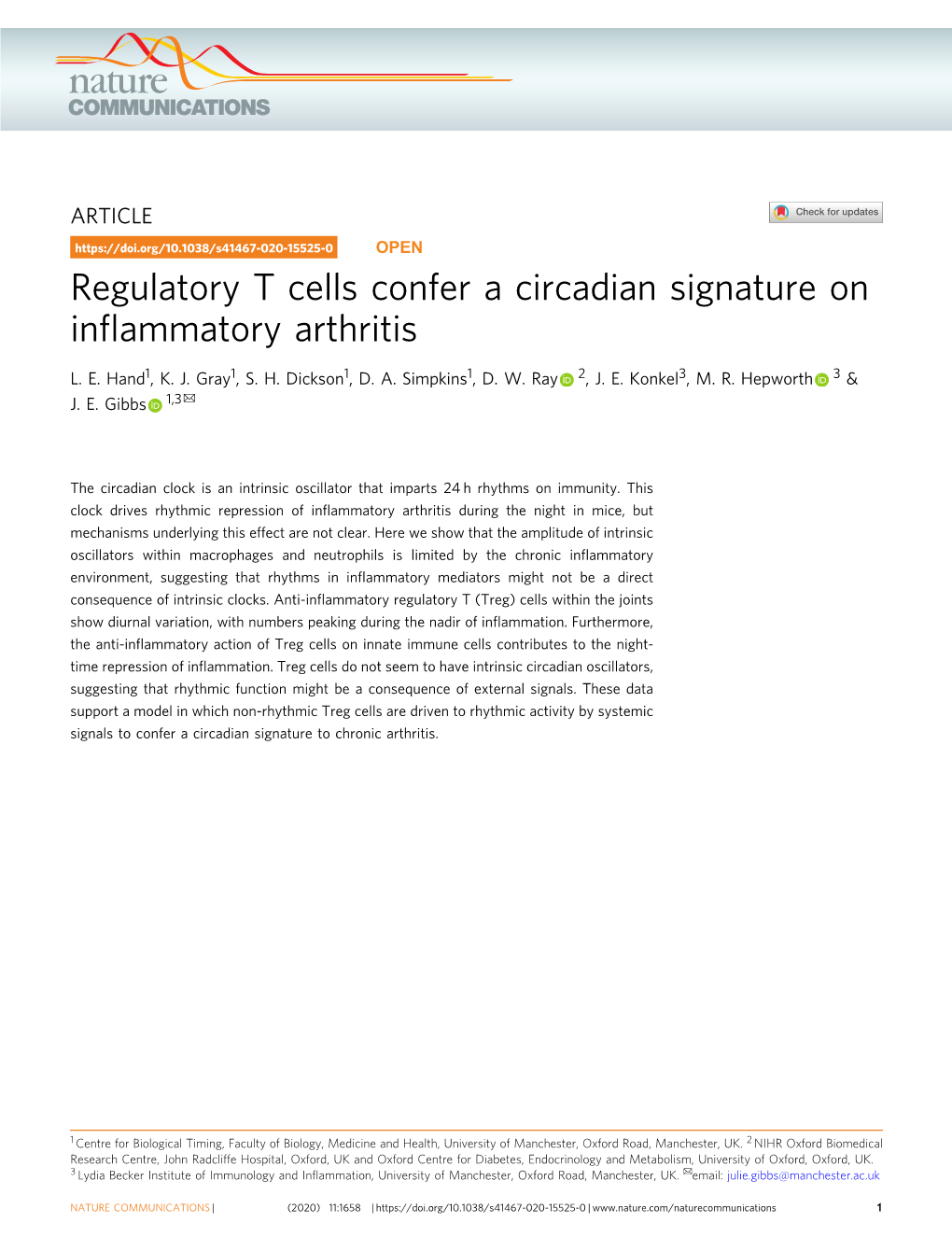 Regulatory T Cells Confer a Circadian Signature on Inflammatory Arthritis