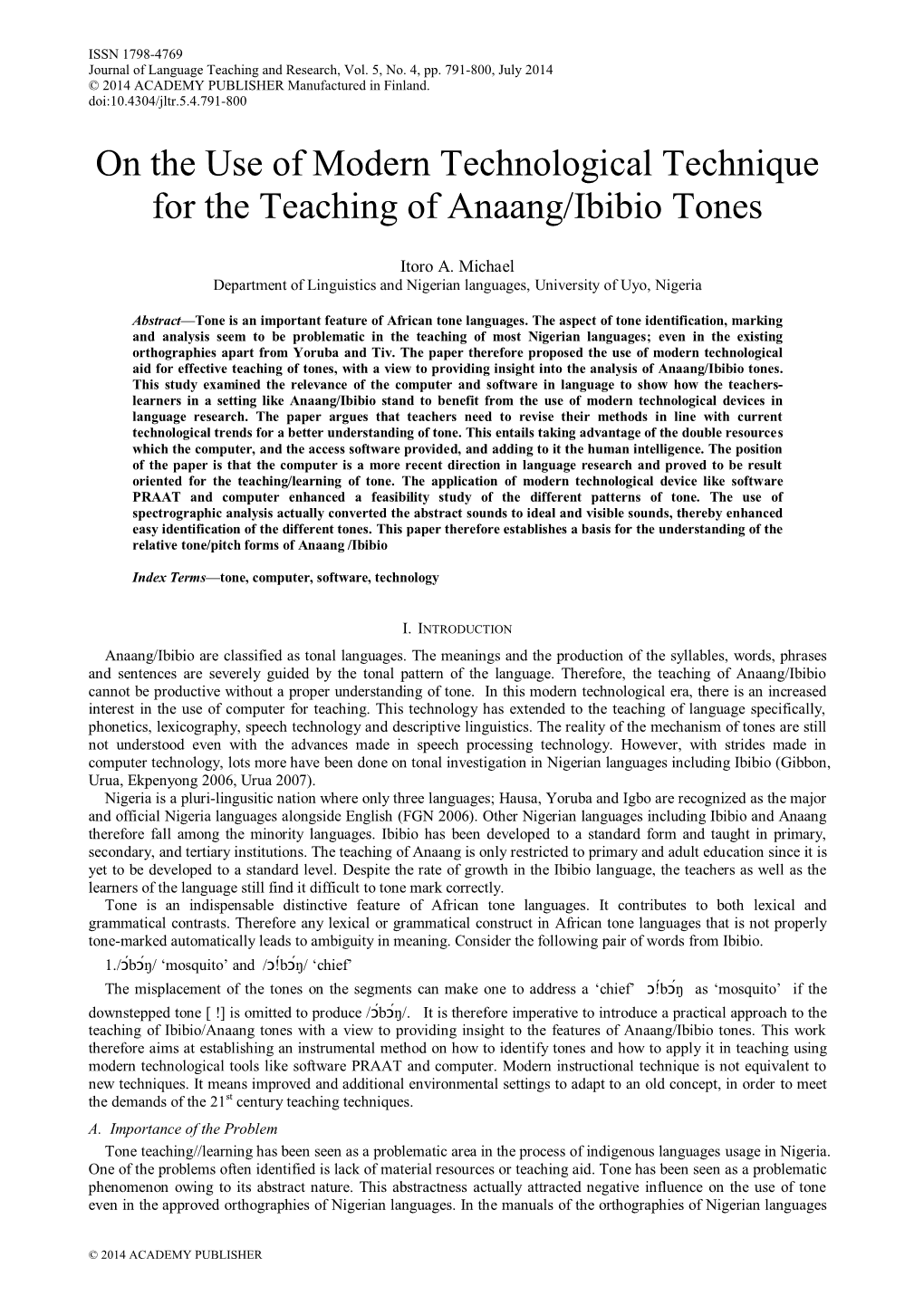 On the Use of Modern Technological Technique for the Teaching of Anaang/Ibibio Tones