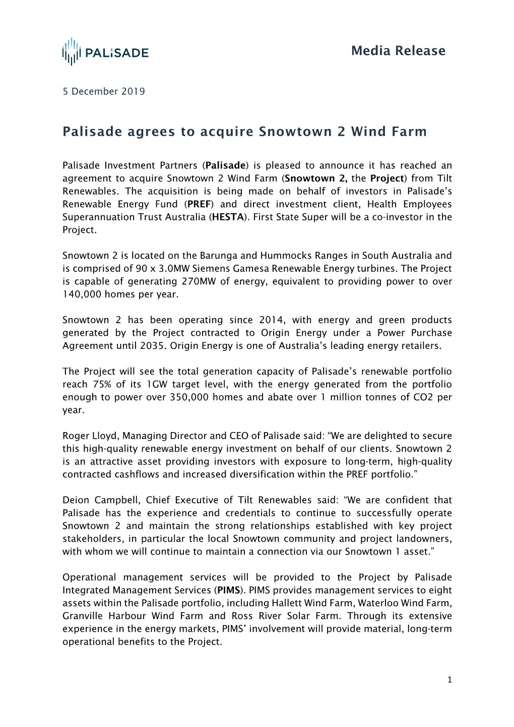 Media Release Palisade Agrees to Acquire Snowtown 2 Wind Farm