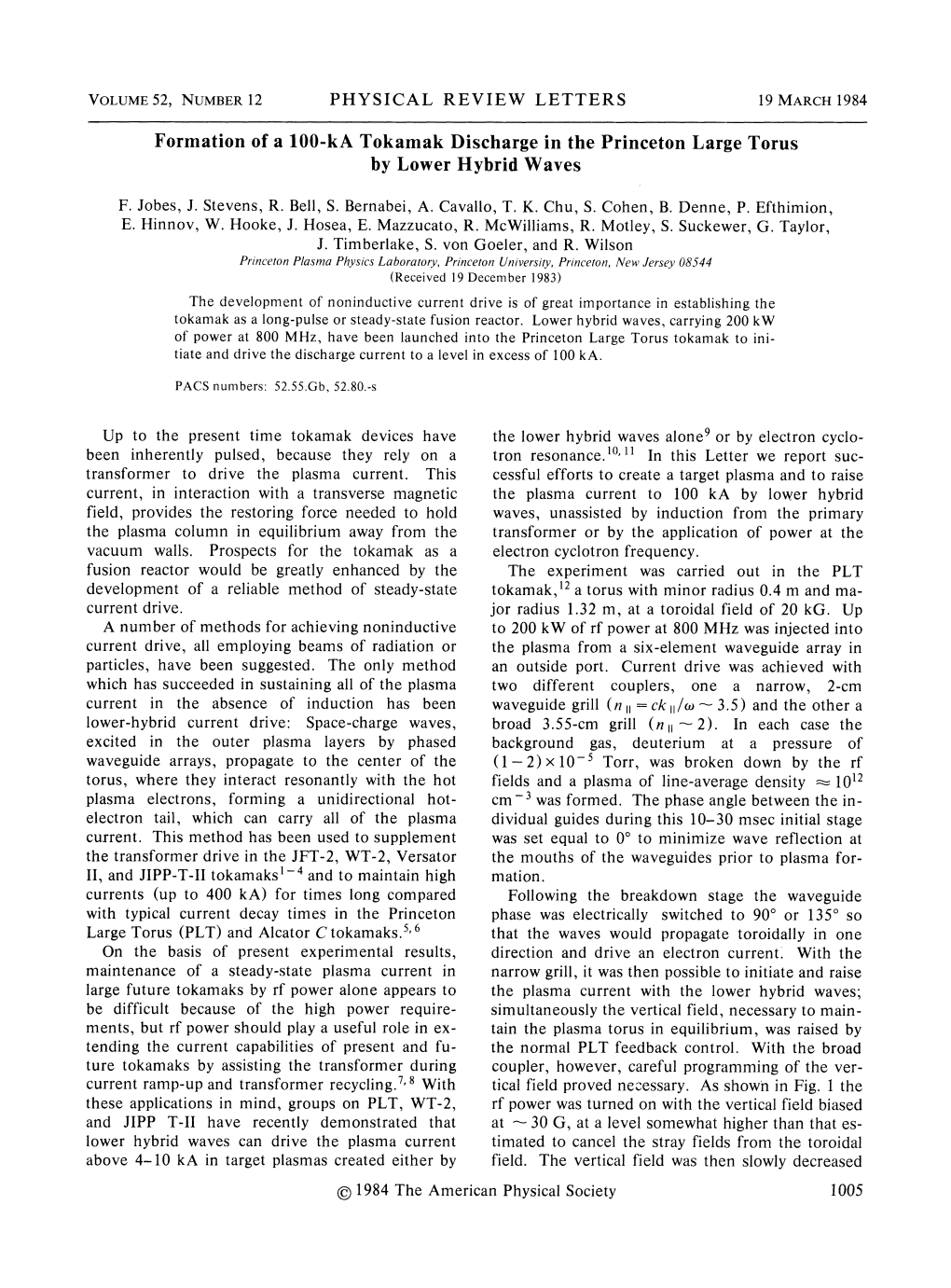 Formation of a 100-Ka Tokamak Discharge in the Princeton Large Torus by Lower Hybrid Waves