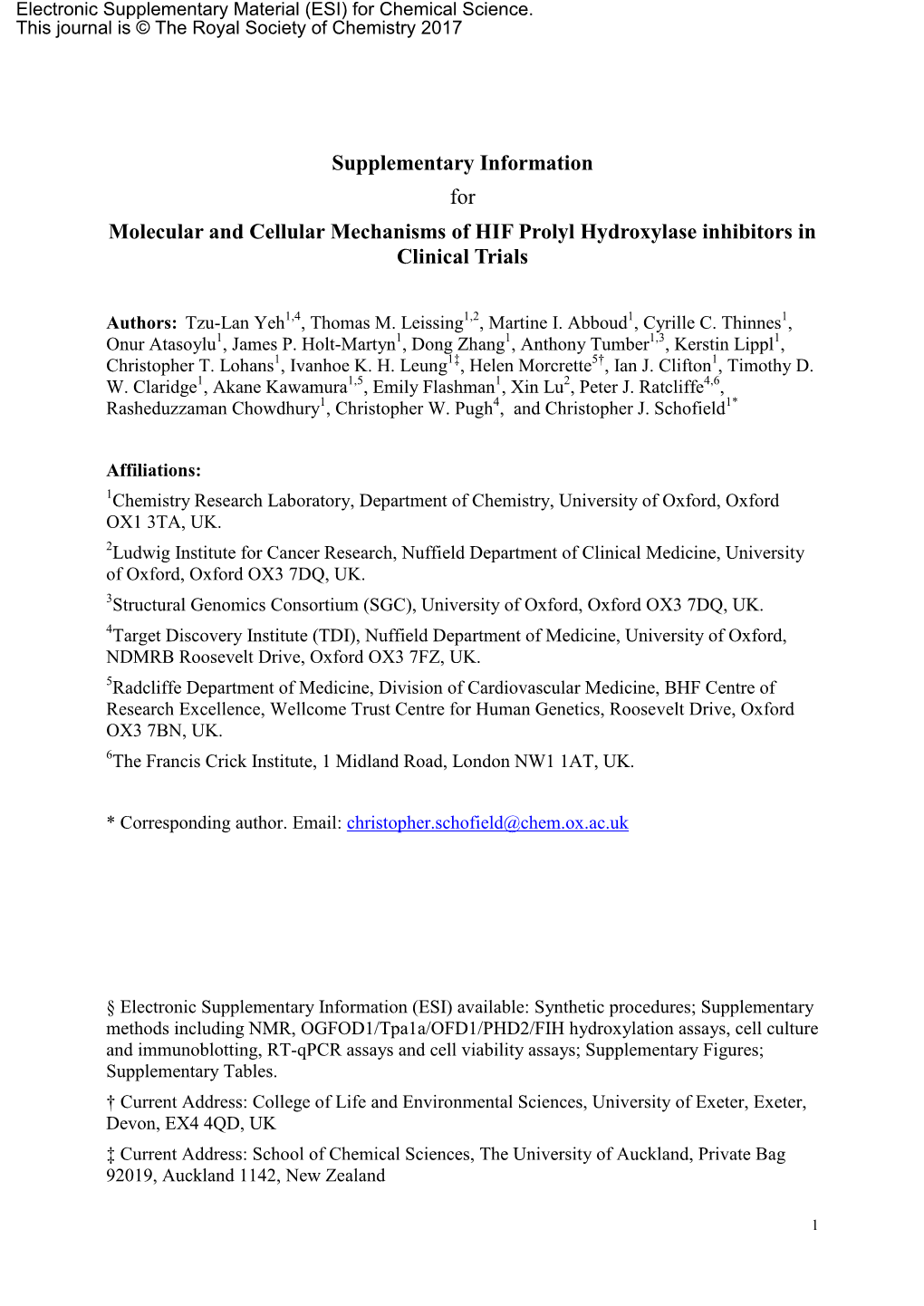 Supplementary Information for Molecular and Cellular Mechanisms of HIF Prolyl Hydroxylase Inhibitors in Clinical Trials