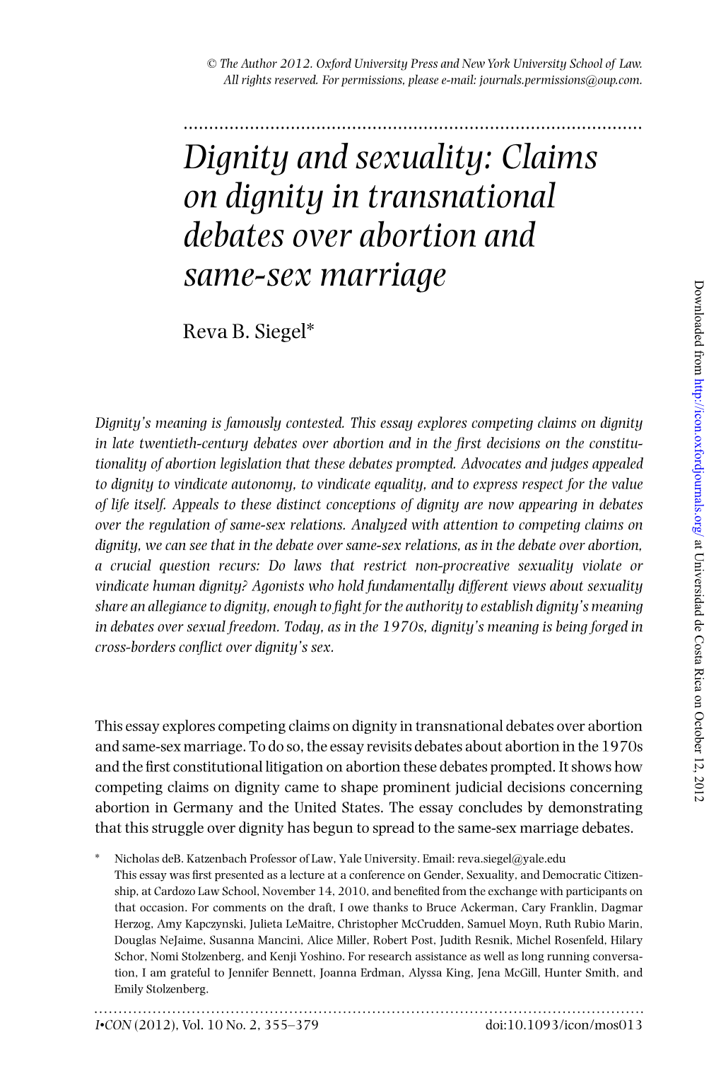 Claims on Dignity in Transnational Debates Over Abortion and Same-Sex Marriage
