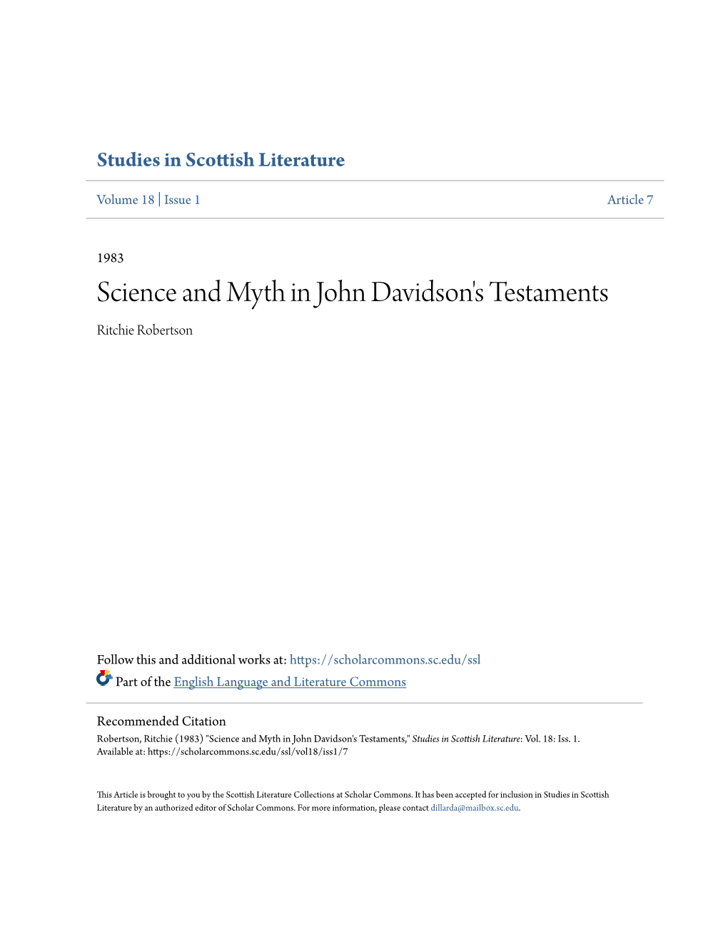 Science and Myth in John Davidson's Testaments Ritchie Robertson