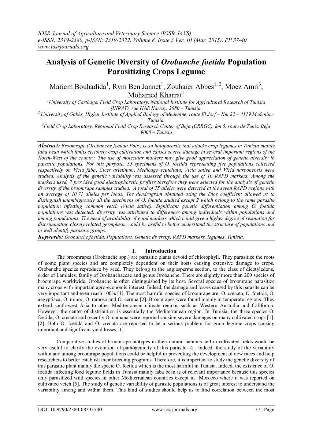 Analysis of Genetic Diversity of Orobanche Foetida Population Parasitizing Crops Legume