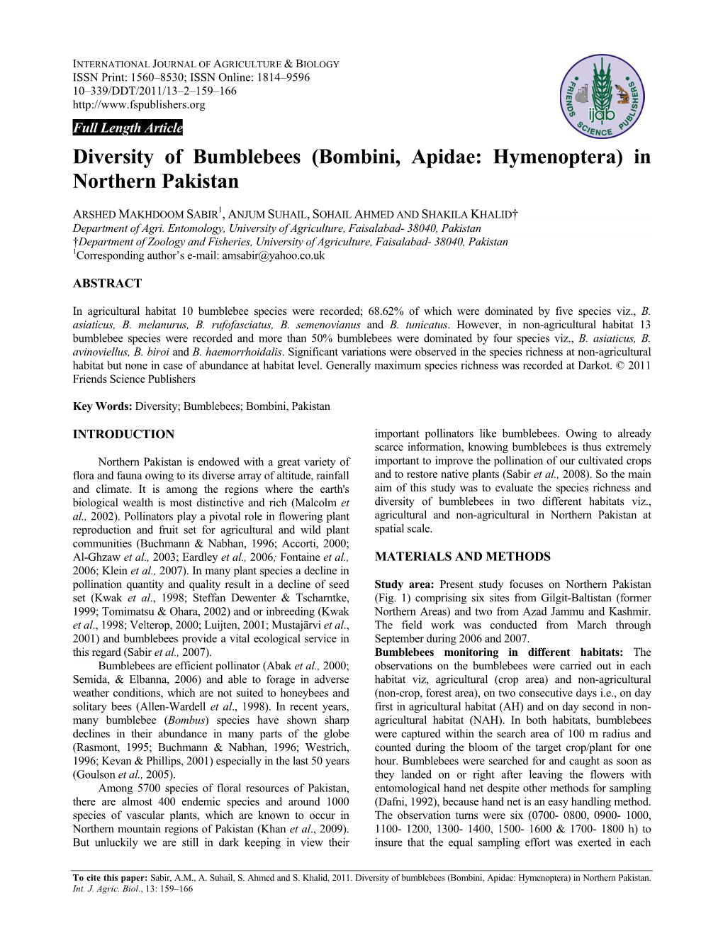 Diversity of Bumblebees (Bombini, Apidae: Hymenoptera) in Northern Pakistan