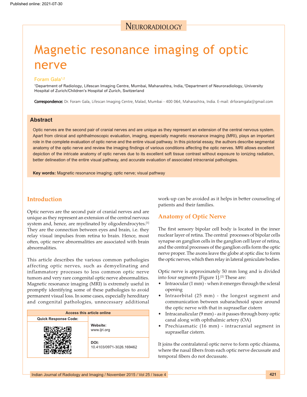 Magnetic Resonance Imaging of Optic Nerve