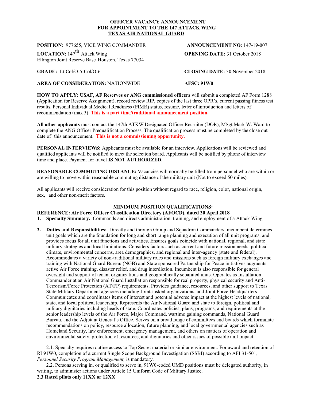 Officer Vacancy Announcement for Appointment to the 147 Attack Wing Texas Air National Guard