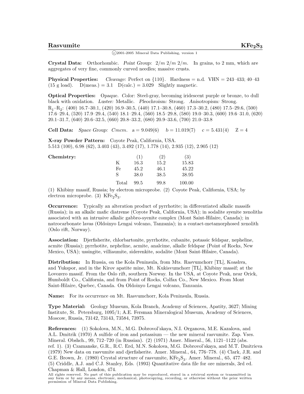 Rasvumite Kfe2s3 C 2001-2005 Mineral Data Publishing, Version 1