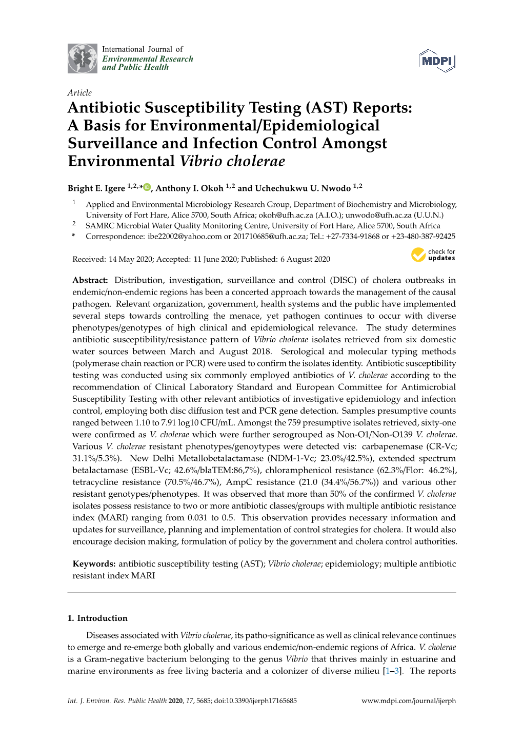 Antibiotic Susceptibility Testing (AST) Reports: a Basis for Environmental/Epidemiological Surveillance and Infection Control Amongst Environmental Vibrio Cholerae