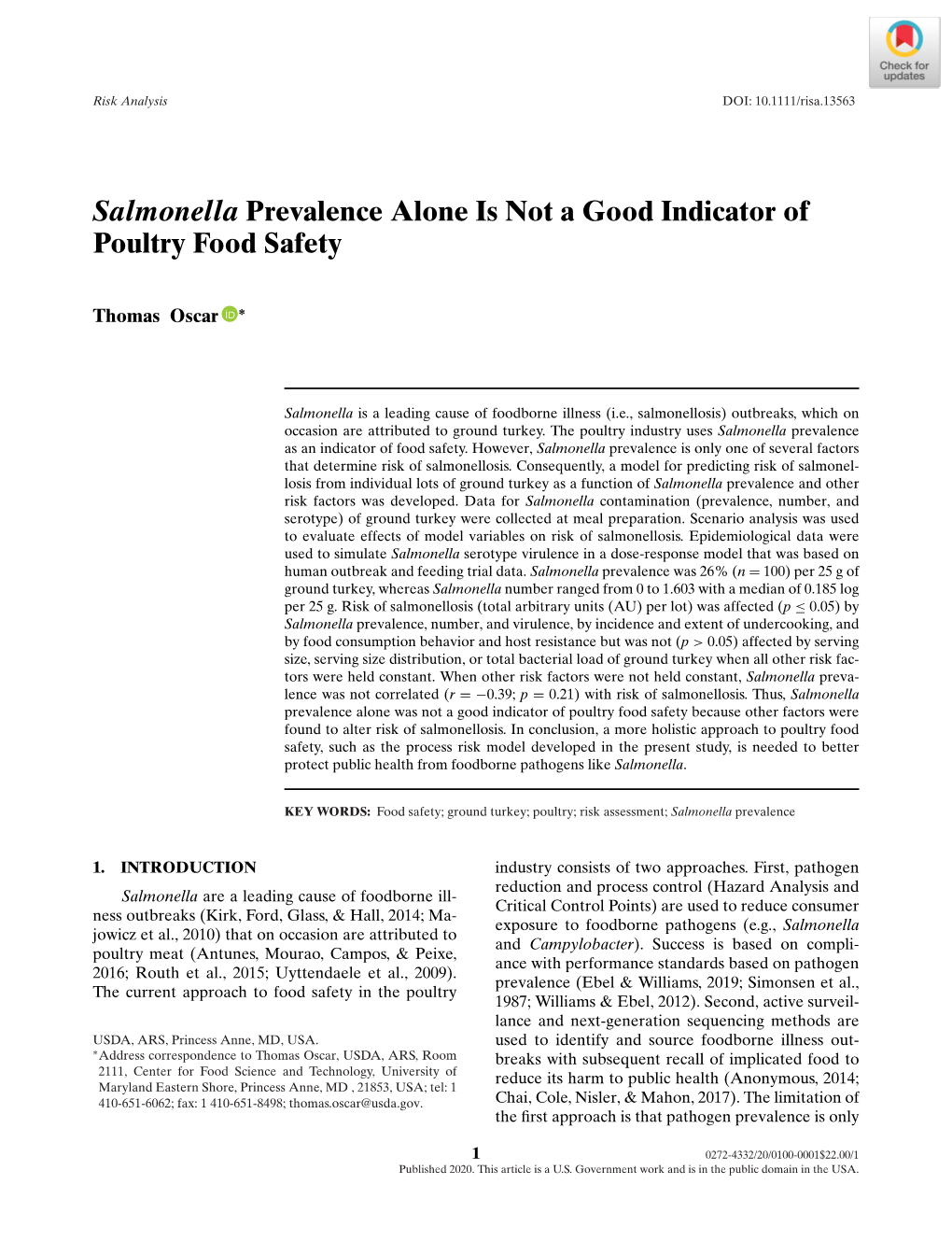 Salmonella Prevalence Alone Is Not a Good Indicator of Poultry Food Safety