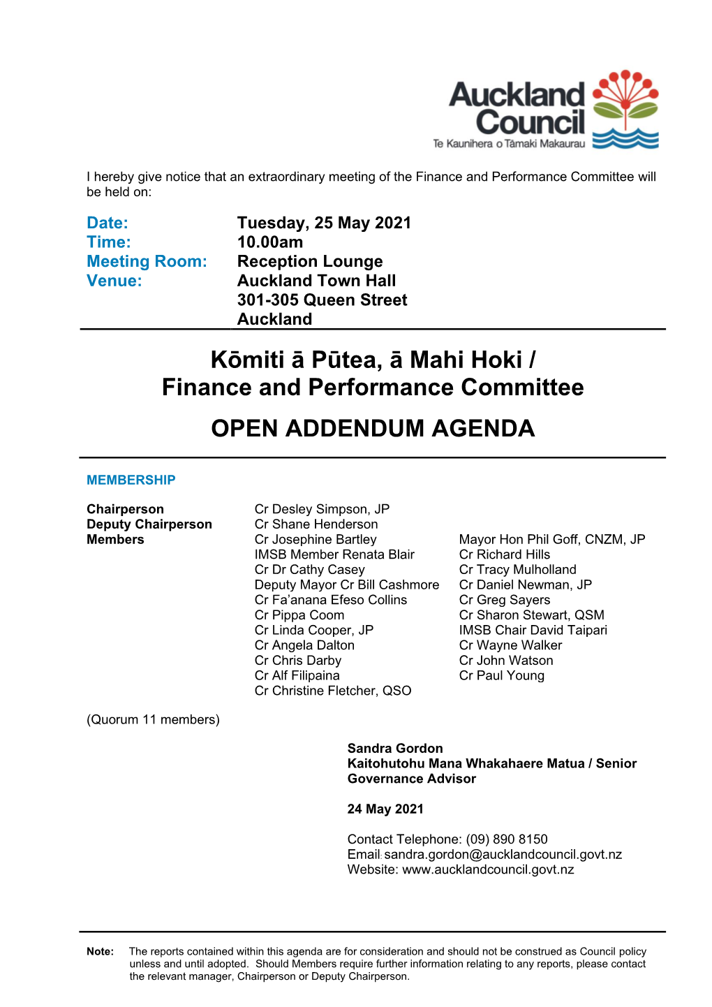 Addendum Agenda of Extraordinary Finance and Performance Committee