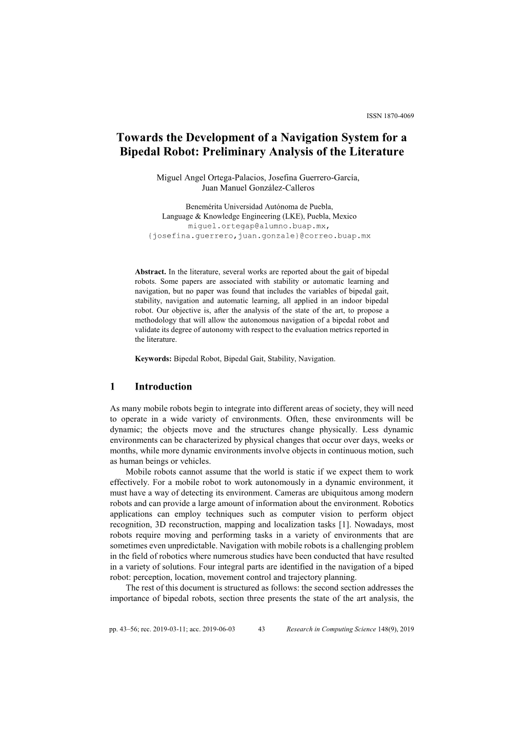 Towards the Development of a Navigation System for a Bipedal Robot: Preliminary Analysis of the Literature