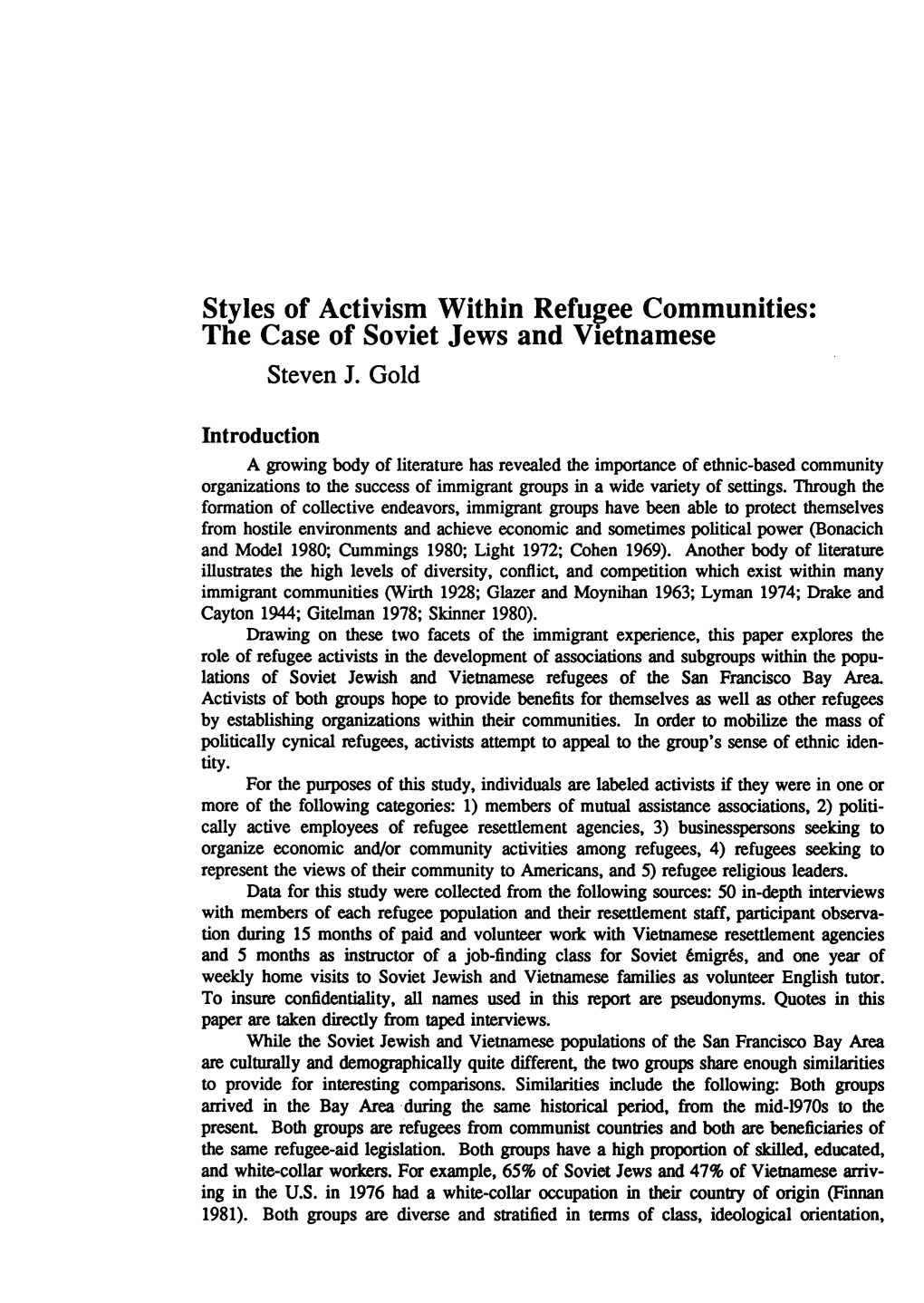 Styles of Activism Within Refugee Communities: the Case of Soviet Jews and Vietnamese Steven J