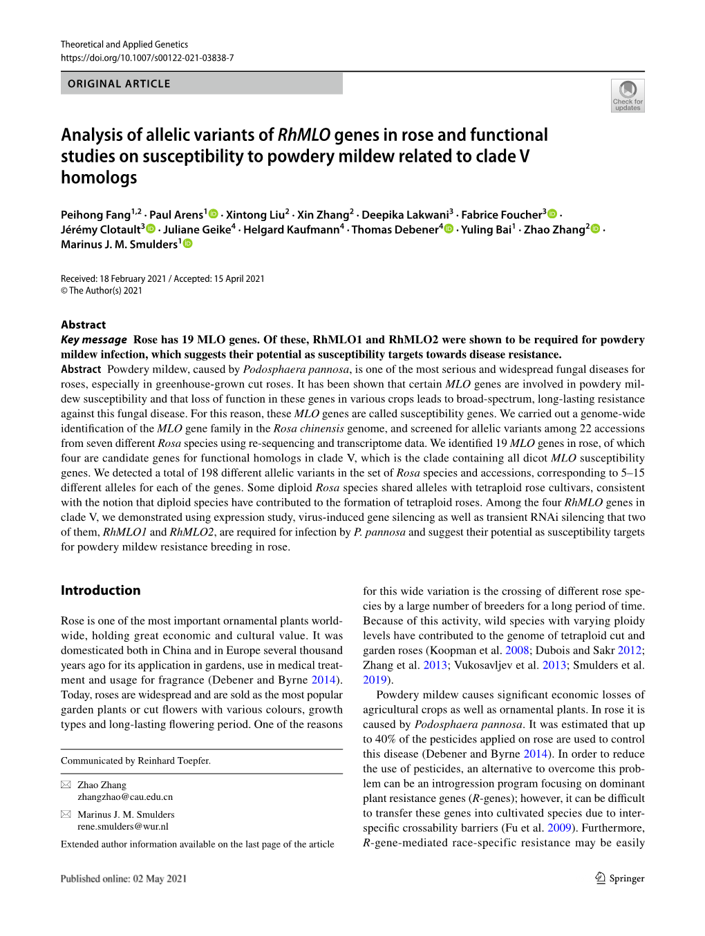 Analysis of Allelic Variants of Rhmlo Genes in Rose and Functional Studies on Susceptibility to Powdery Mildew Related to Clade V Homologs
