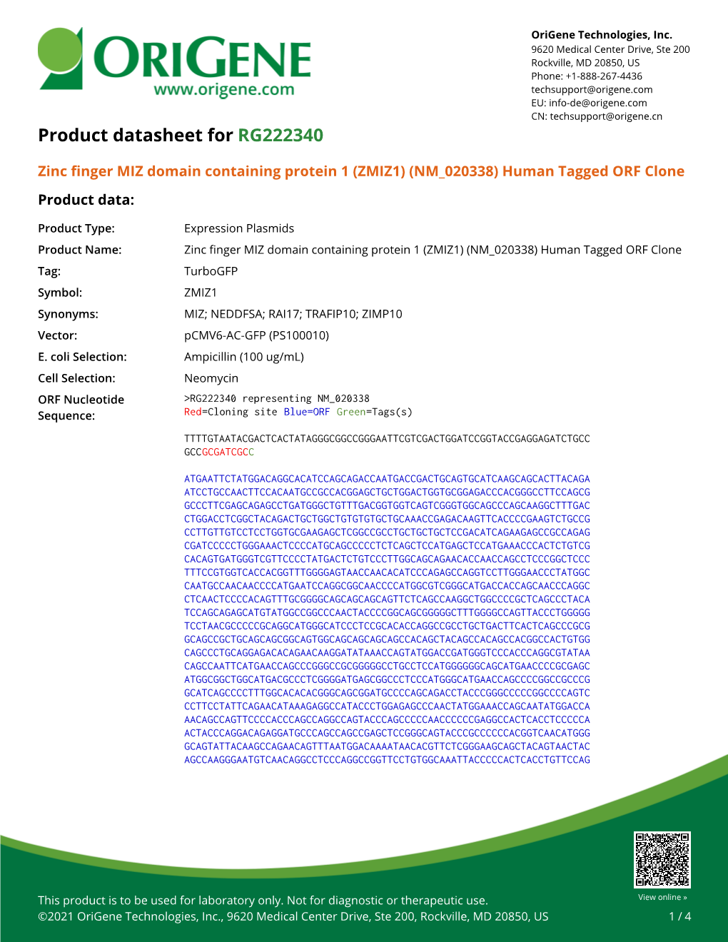Zinc Finger MIZ Domain Containing Protein 1 (ZMIZ1) (NM 020338) Human Tagged ORF Clone Product Data