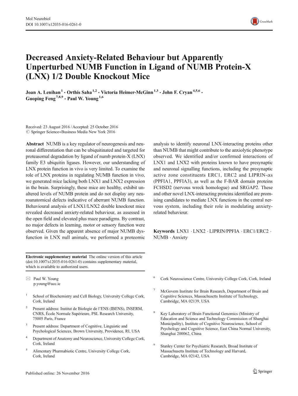 Decreased Anxiety-Related Behaviour but Apparently Unperturbed NUMB Function in Ligand of NUMB Protein-X (LNX) 1/2 Double Knockout Mice