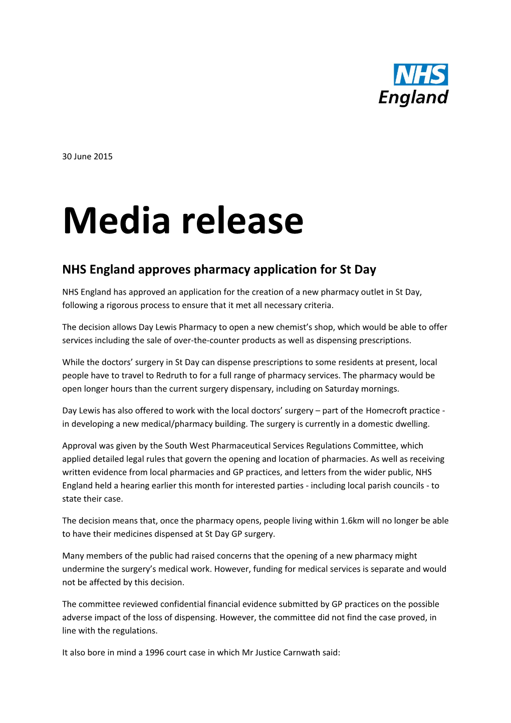 NHS England Approves Pharmacy Application for St Day