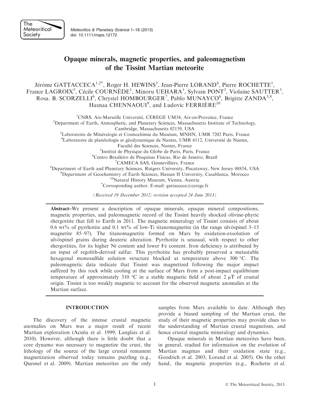 Opaque Minerals, Magnetic Properties, and Paleomagnetism of the Tissint Martian Meteorite