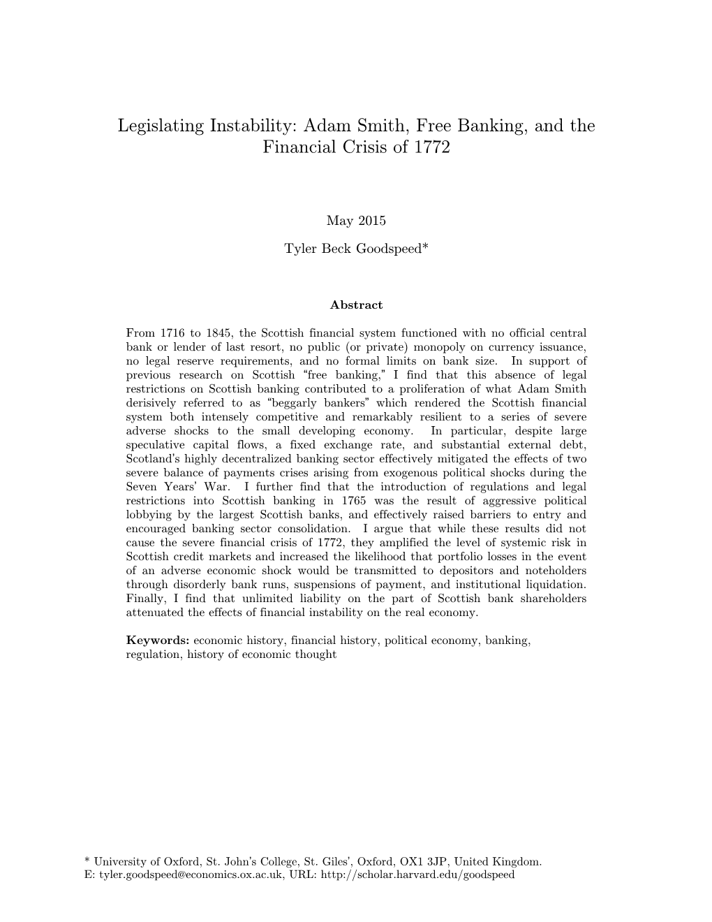 Legislating Instability: Adam Smith, Free Banking, and the Financial Crisis of 1772