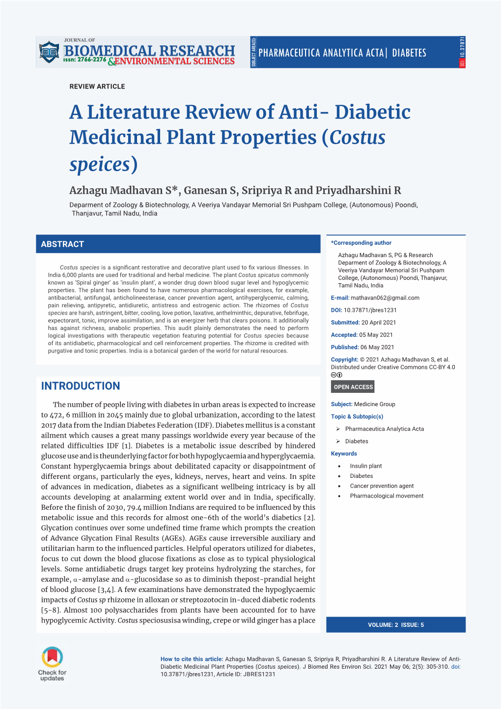 Diabetic Medicinal Plant Properties (Costus Speices)