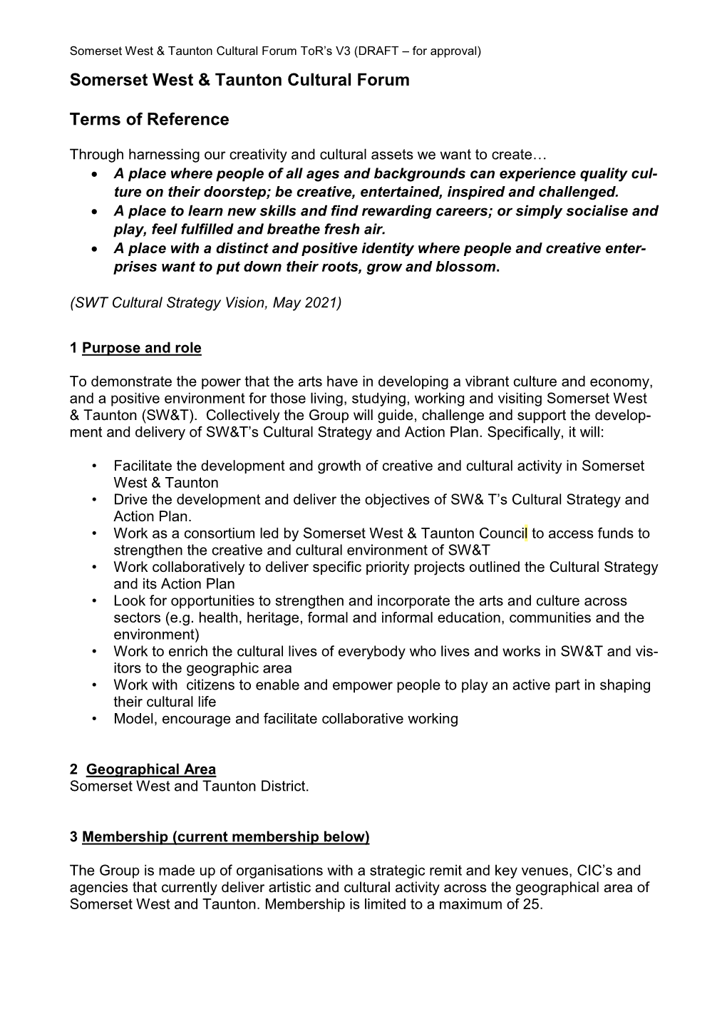 Somerset West & Taunton Cultural Forum Terms of Reference