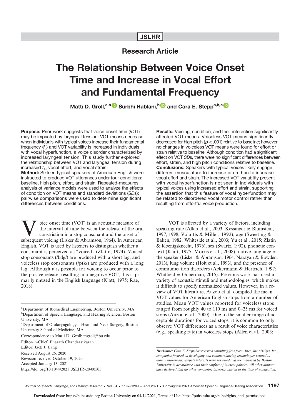 The Relationship Between Voice Onset Time and Increases