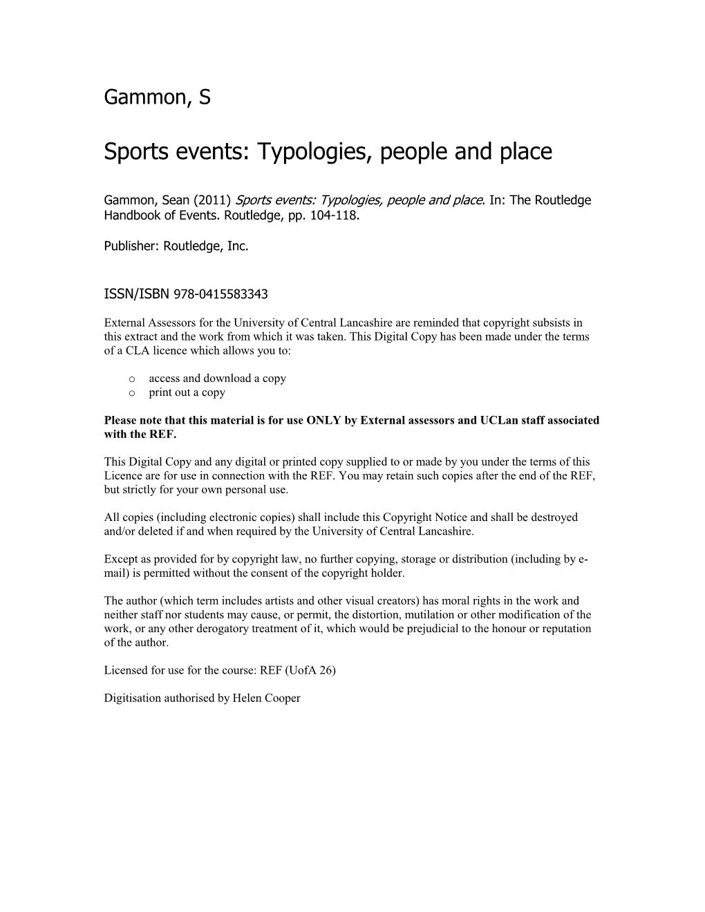 Sports Events: Typologies, People and Place