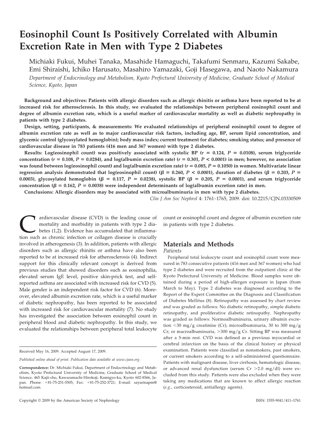 Eosinophil Count Is Positively Correlated with Albumin Excretion Rate in Men with Type 2 Diabetes