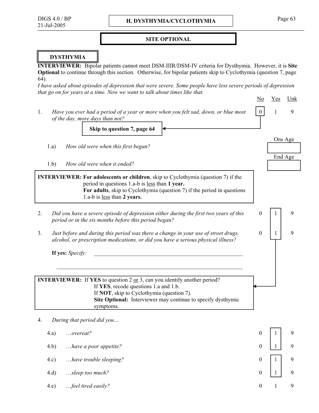 DIGS 4.0 / BP Page 63 21-Jul-2005 H. DYSTHYMIA/CYCLOTHYMIA