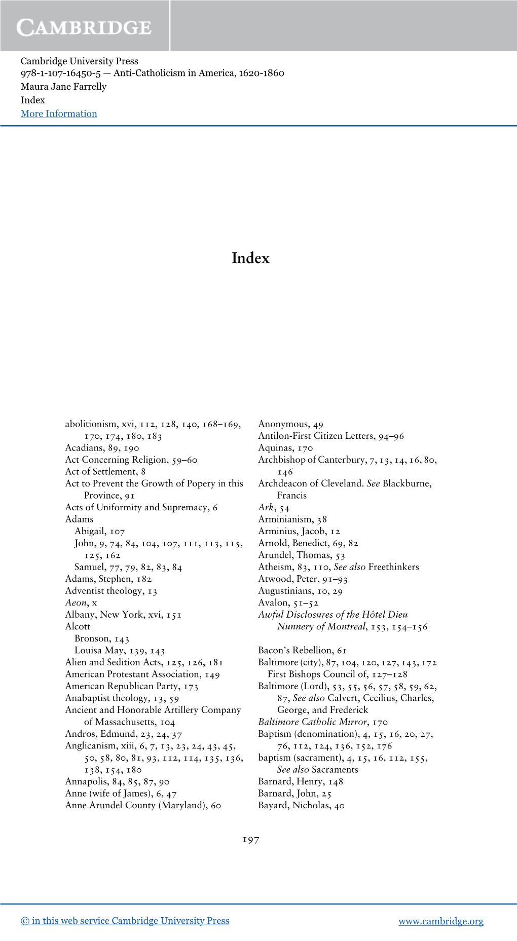 Cambridge University Press 978-1-107-16450-5 — Anti-Catholicism in America, 1620-1860 Maura Jane Farrelly Index More Information