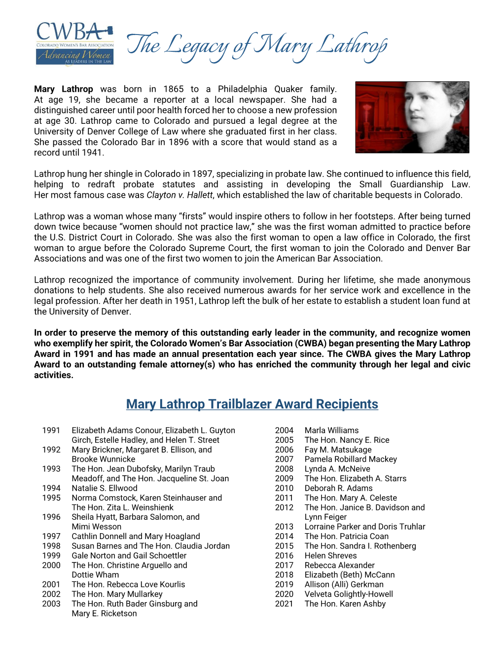 The Legacy of Mary Lathrop