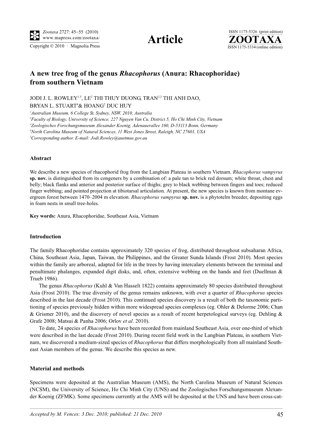 A New Tree Frog of the Genus Rhacophorus (Anura: Rhacophoridae) from Southern Vietnam