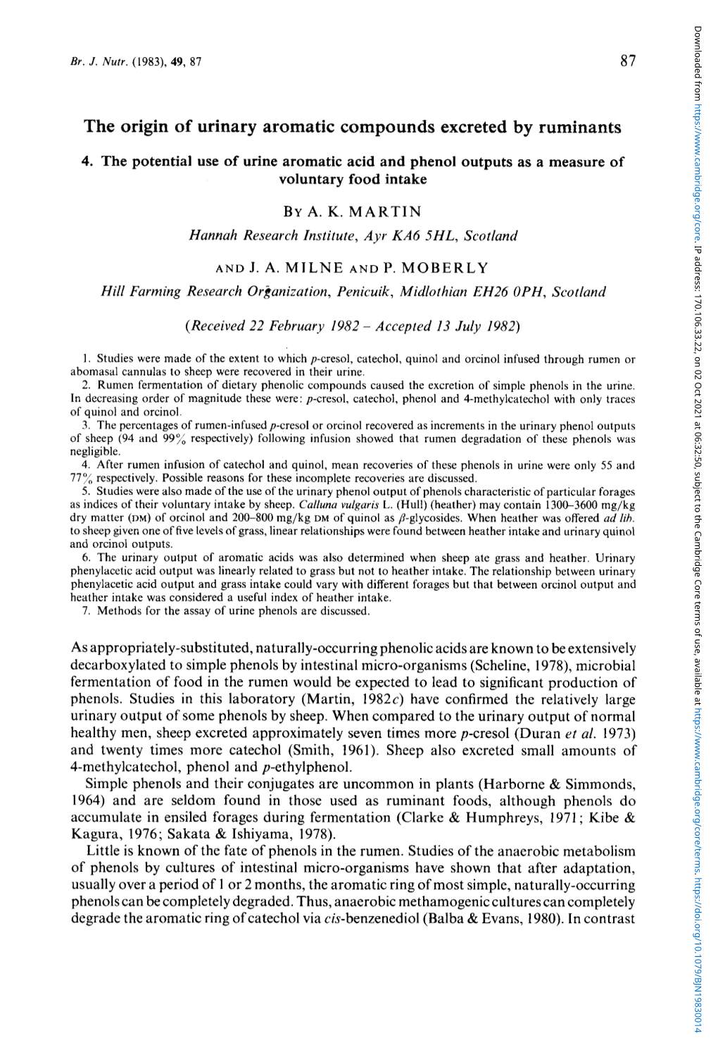 The Origin of Urinary Aromatic Compounds Excreted by Ruminants