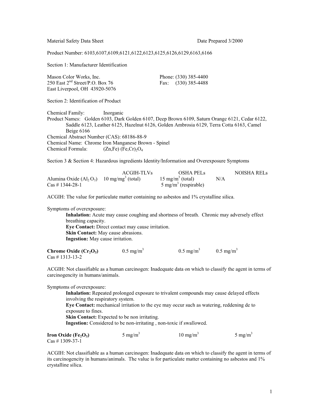 Material Safety Data Sheet Date Prepared 3/2000