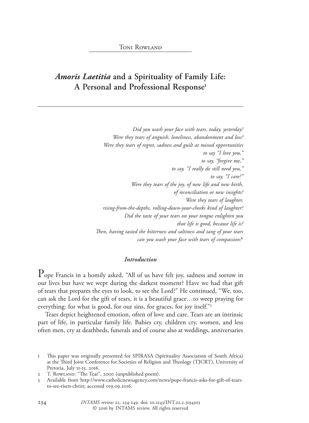 Amoris Laetitia and a Spirituality of Family Life: a Personal and Professional Response1