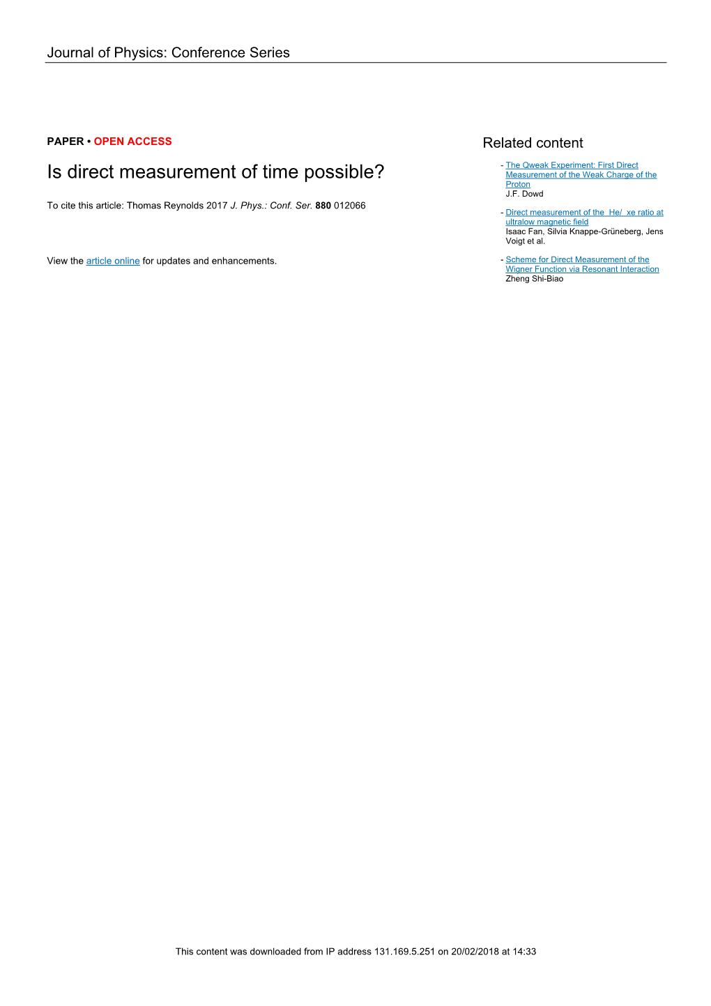 Is Direct Measurement of Time Possible? Measurement of the Weak Charge of the Proton J.F