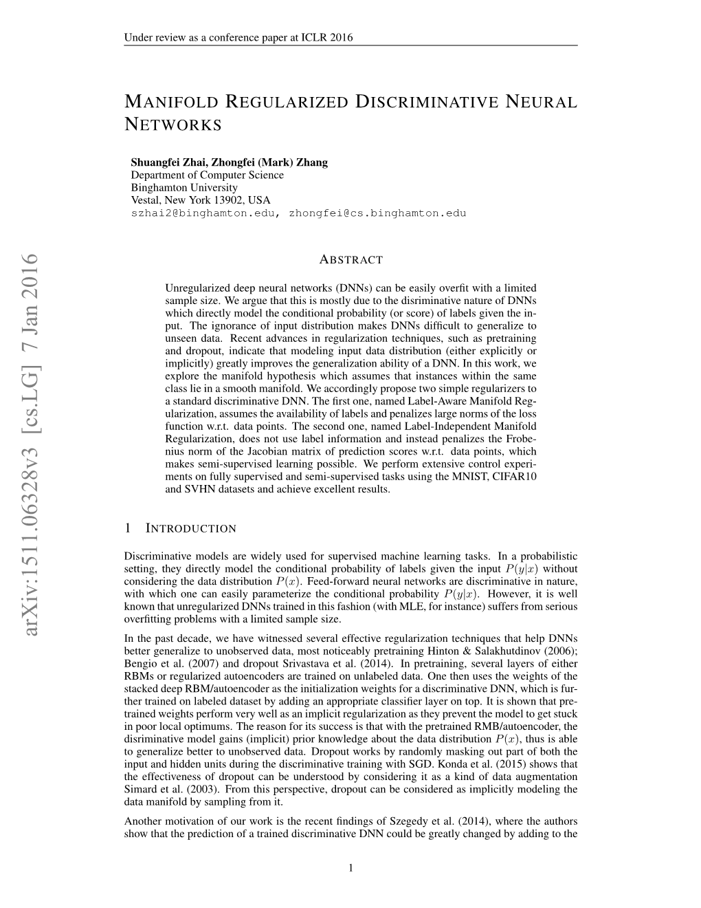 Manifold Regularized Discriminative Neural Networks